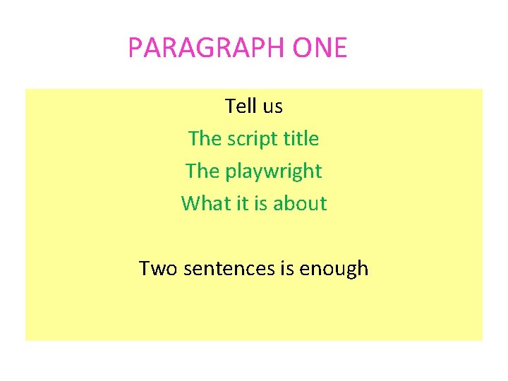 PARAGRAPH ONE Tell us The script title The playwright What it is about Two