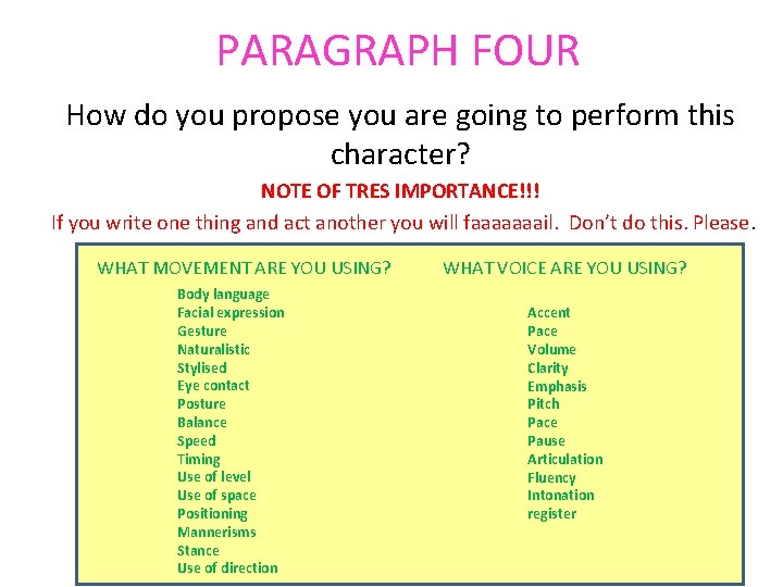 PARAGRAPH FOUR How do you propose you are going to perform this character? NOTE