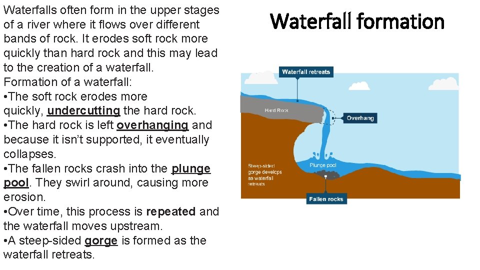 Waterfalls often form in the upper stages of a river where it flows over