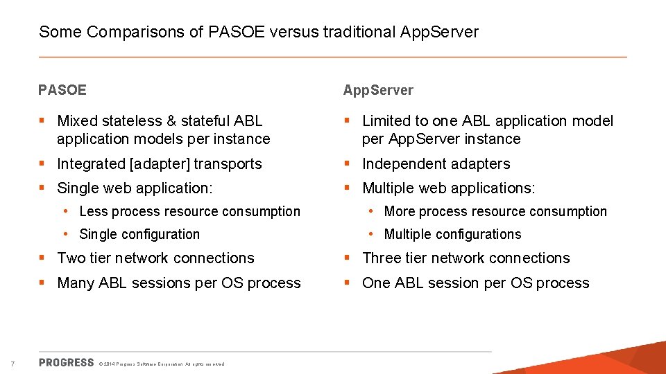 Some Comparisons of PASOE versus traditional App. Server 7 PASOE App. Server § Mixed