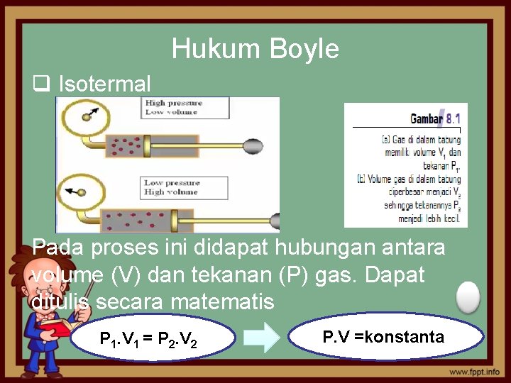 Hukum Boyle q Isotermal Pada proses ini didapat hubungan antara volume (V) dan tekanan