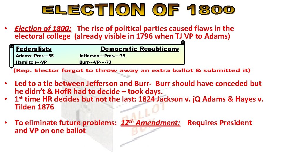  • Election of 1800: The rise of political parties caused flaws in the