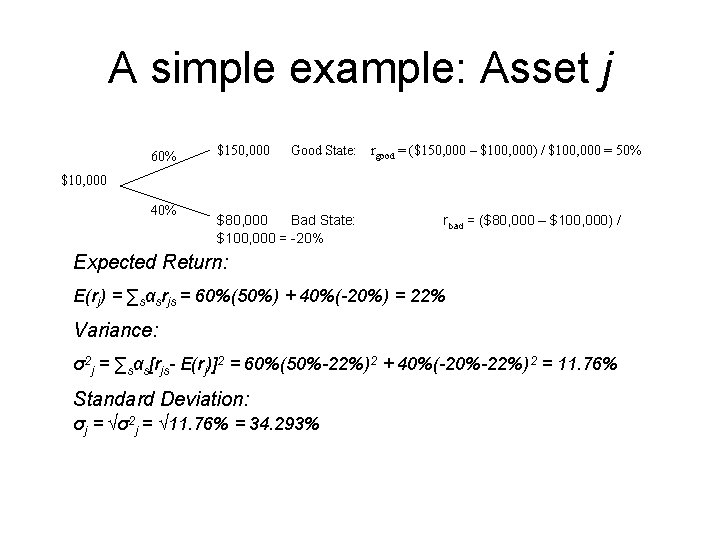 A simple example: Asset j 60% $150, 000 Good State: rgood = ($150, 000