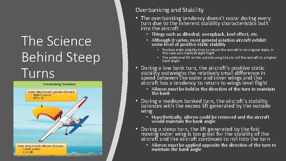 Overbanking and Stability The Science Behind Steep Turns • The overbanking tendency doesn’t occur