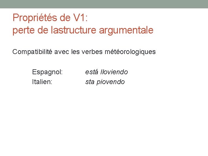 Propriétés de V 1: perte de lastructure argumentale Compatibilité avec les verbes météorologiques Espagnol: