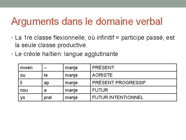 Arguments dans le domaine verbal • La 1 re classe flexionnelle, où infinitif =