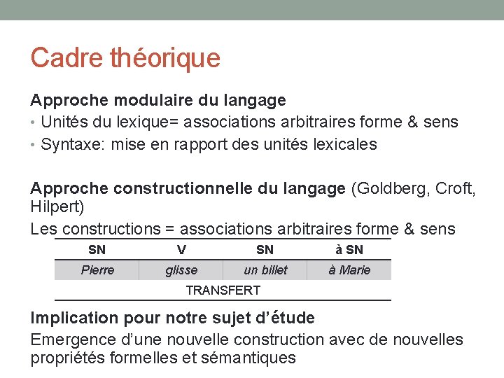 Cadre théorique Approche modulaire du langage • Unités du lexique= associations arbitraires forme &