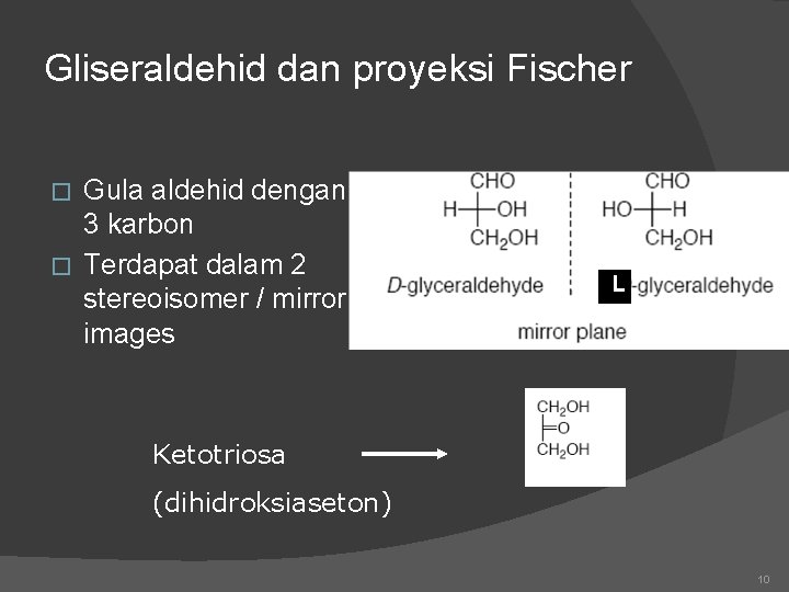 Gliseraldehid dan proyeksi Fischer Gula aldehid dengan 3 karbon � Terdapat dalam 2 stereoisomer