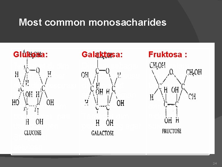 Most common monosacharides Glukosa: Terdapat di dlm darah, sumber ATP dlm respirasi seluler Tersimpan