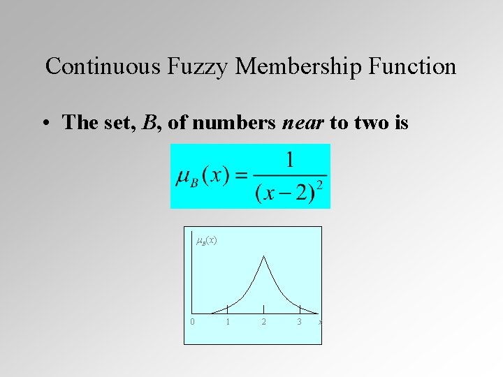 Continuous Fuzzy Membership Function • The set, B, of numbers near to two is