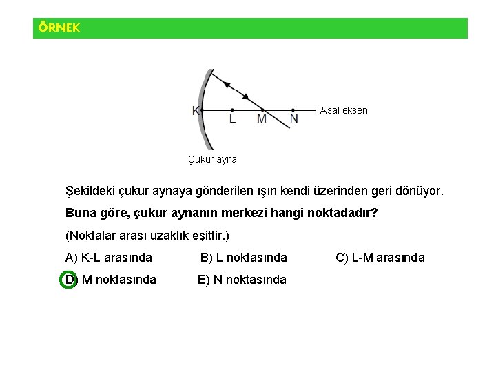 ÖRNEK Asal eksen Çukur ayna Şekildeki çukur aynaya gönderilen ışın kendi üzerinden geri dönüyor.