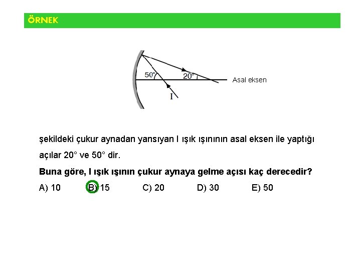 ÖRNEK Asal eksen şekildeki çukur aynadan yansıyan I ışık ışınının asal eksen ile yaptığı