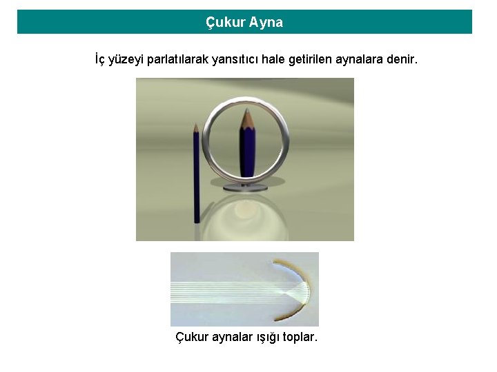 Çukur Ayna İç yüzeyi parlatılarak yansıtıcı hale getirilen aynalara denir. Çukur aynalar ışığı toplar.