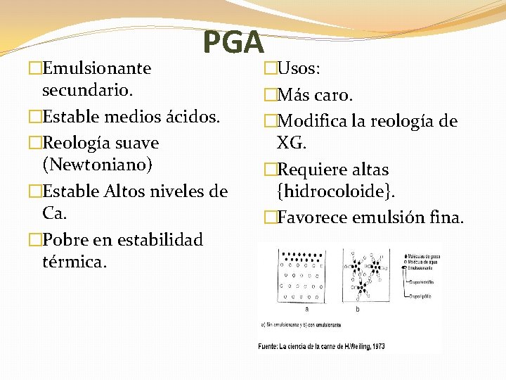 PGA �Emulsionante secundario. �Estable medios ácidos. �Reología suave (Newtoniano) �Estable Altos niveles de Ca.