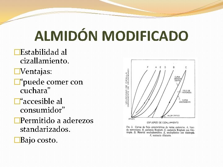 ALMIDÓN MODIFICADO �Estabilidad al cizallamiento. �Ventajas: �“puede comer con cuchara” �“accesible al consumidor” �Permitido