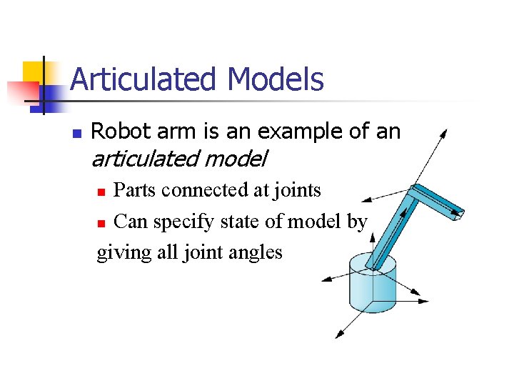 Articulated Models n Robot arm is an example of an articulated model Parts connected