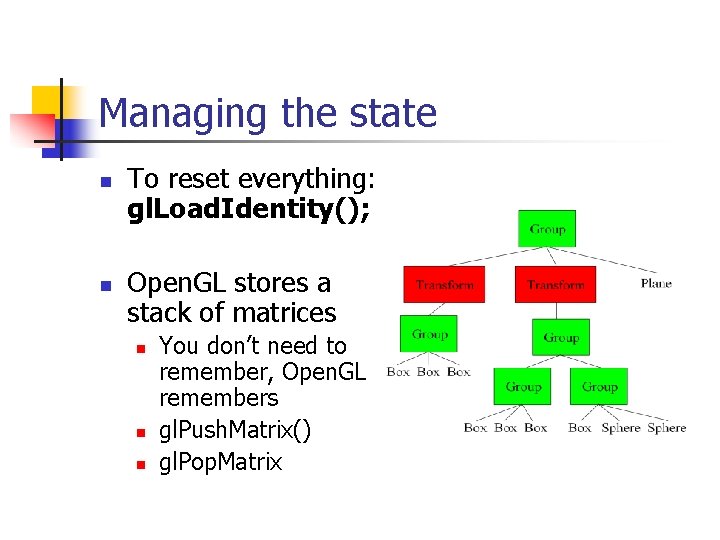 Managing the state n n To reset everything: gl. Load. Identity(); Open. GL stores