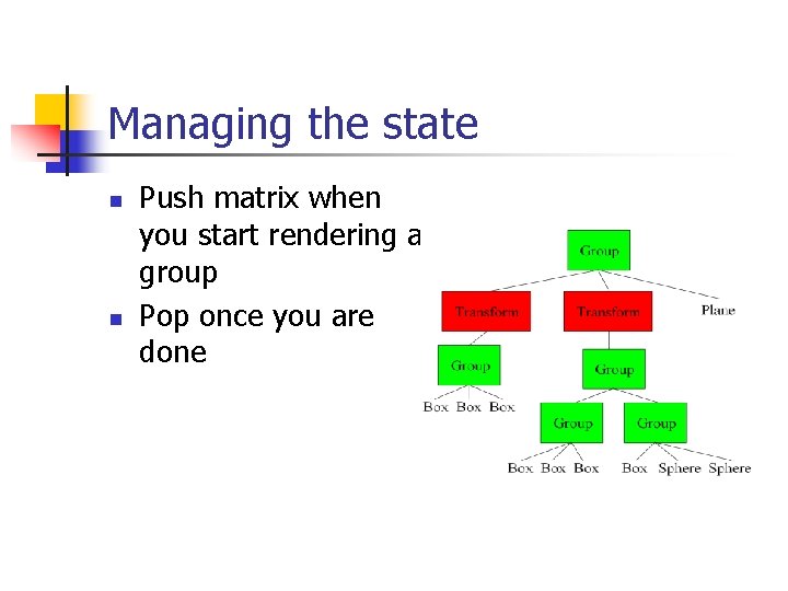 Managing the state n n Push matrix when you start rendering a group Pop