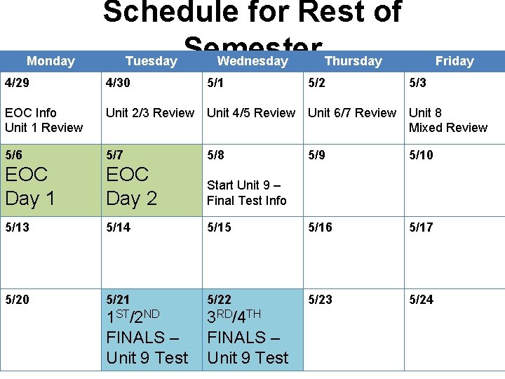 Monday Schedule for Rest of Tuesday Semester Wednesday Thursday Friday 4/29 4/30 5/1 5/2