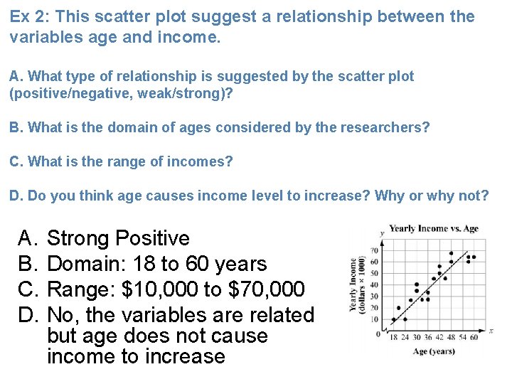 Ex 2: This scatter plot suggest a relationship between the variables age and income.