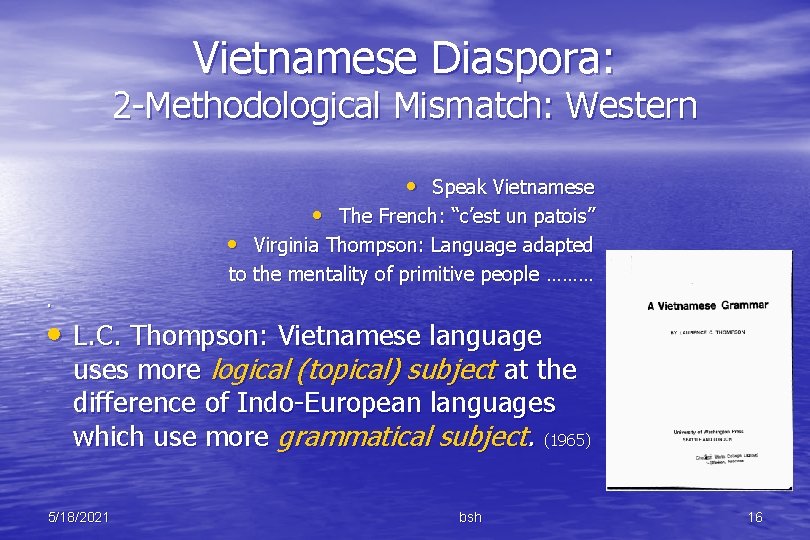 Vietnamese Diaspora: 2 -Methodological Mismatch: Western • Speak Vietnamese • The French: “c’est un