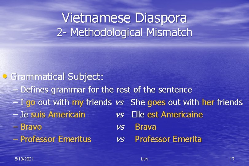 Vietnamese Diaspora 2 - Methodological Mismatch • Grammatical Subject: – Defines grammar for the