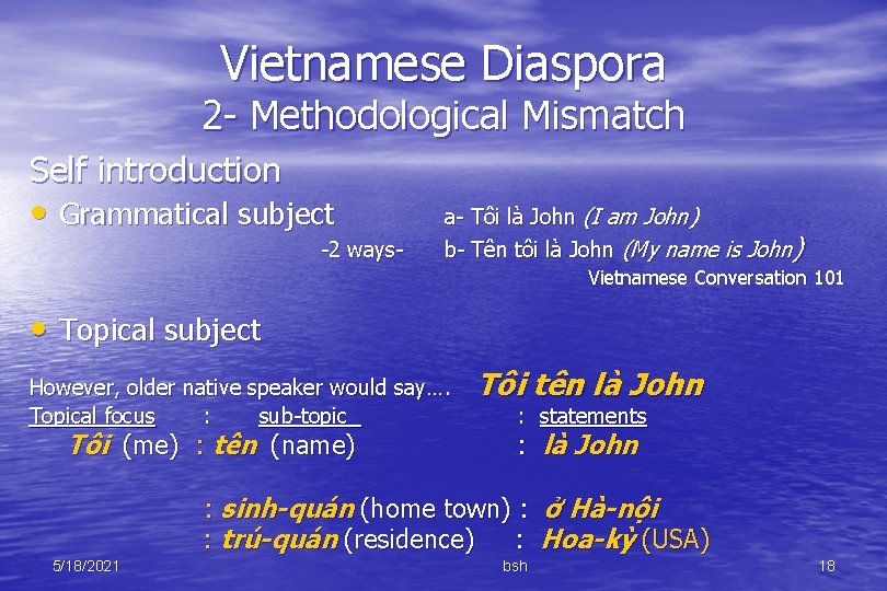 Vietnamese Diaspora 2 - Methodological Mismatch Self introduction • Grammatical subject -2 ways- a-