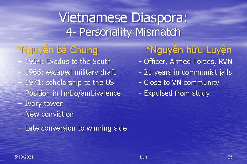 Vietnamese Diaspora: 4 - Personality Mismatch *Nguyễn bá Chung – – – 1954: Exodus