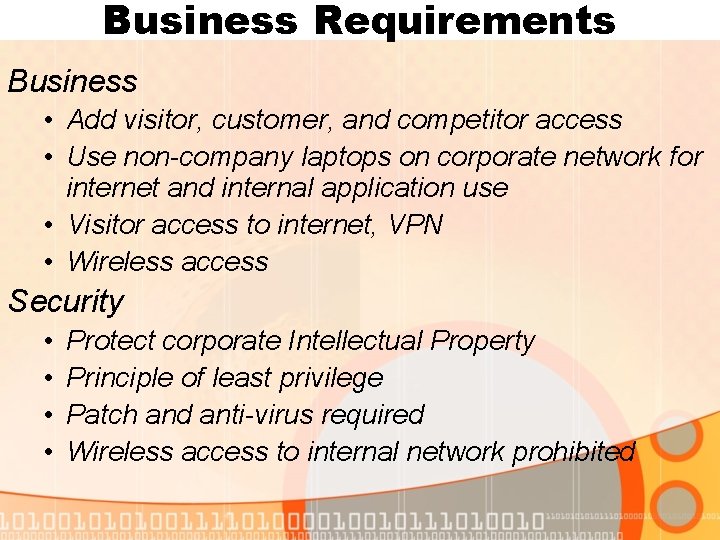 Business Requirements Business • Add visitor, customer, and competitor access • Use non-company laptops