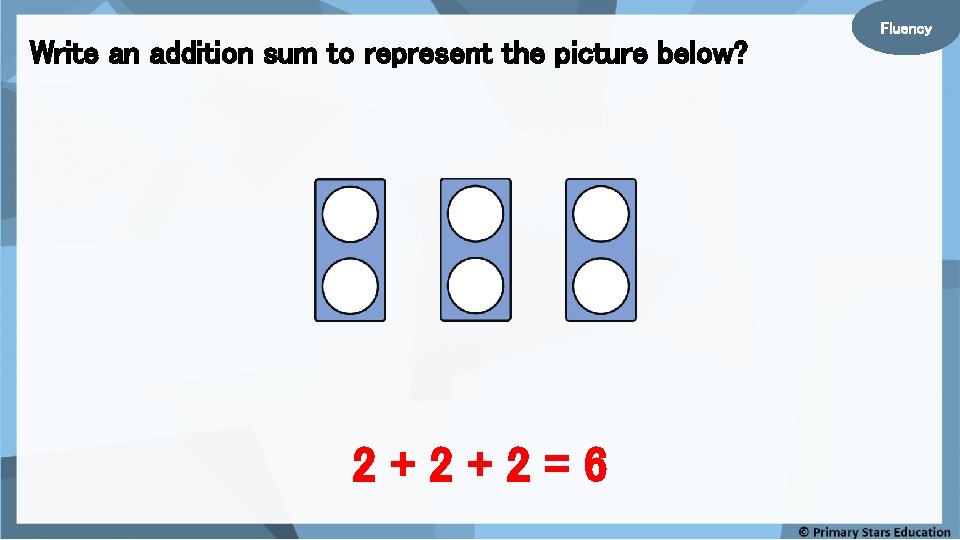 Write an addition sum to represent the picture below? 2+2+2=6 Fluency 