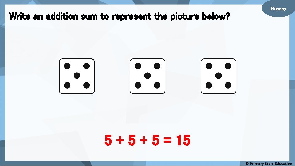 Write an addition sum to represent the picture below? 5 + 5 = 15