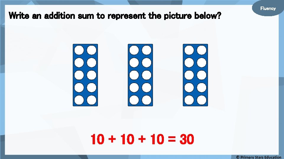 Write an addition sum to represent the picture below? 10 + 10 = 30