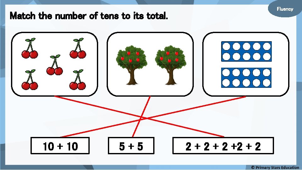 Fluency Match the number of tens to its total. 10 + 10 5+5 2