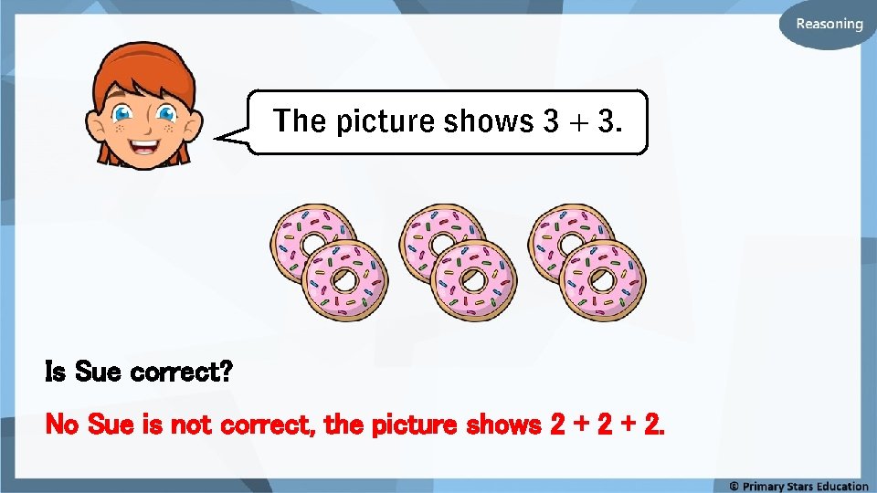 The picture shows 3 + 3. Is Sue correct? No Sue is not correct,