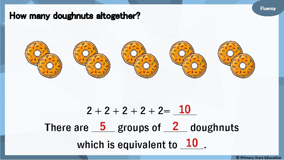 How many doughnuts altogether? 10 2 + 2 + 2= _____ 5 groups of