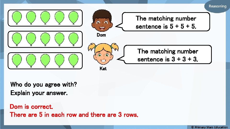 The matching number sentence is 5 + 5. Dom The matching number sentence is