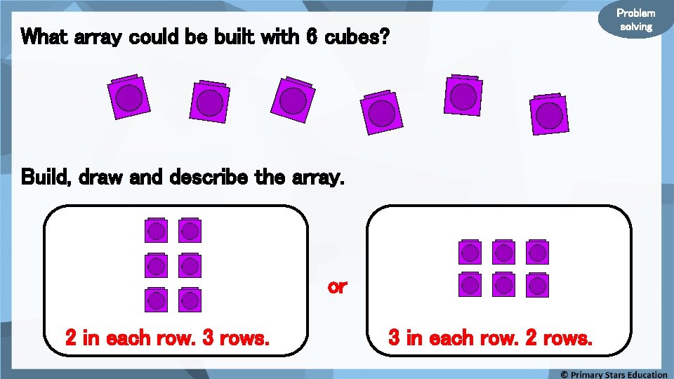 What array could be built with 6 cubes? Build, draw and describe the array.