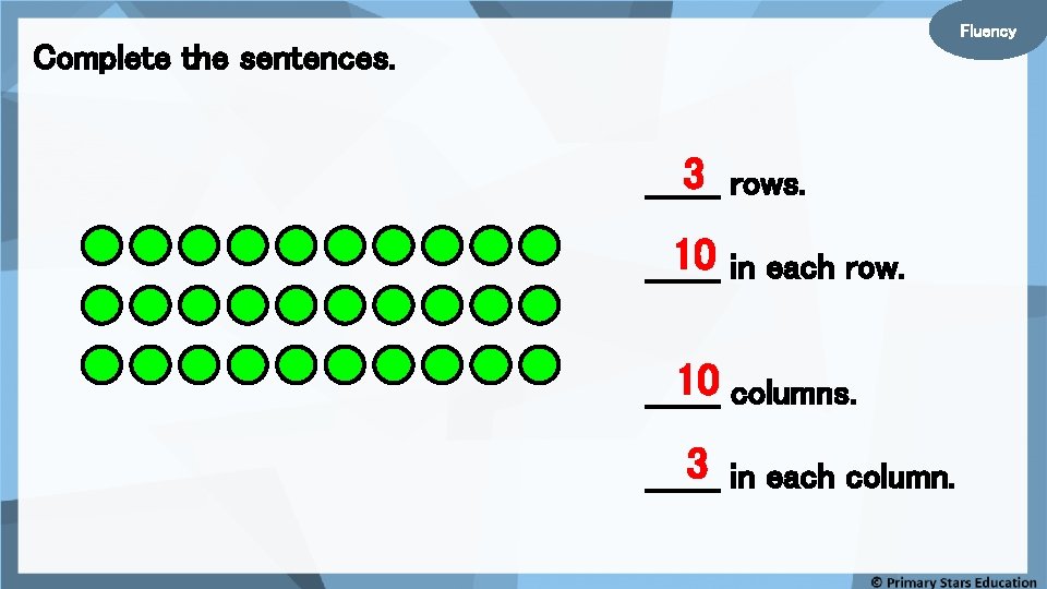 Fluency Complete the sentences. 3 rows. _______ 10 in each row. _______ 10 columns.