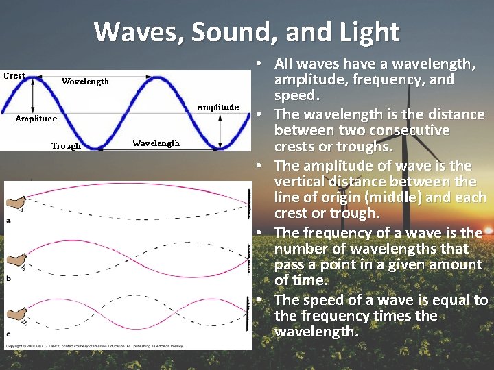 Waves, Sound, and Light • All waves have a wavelength, amplitude, frequency, and speed.