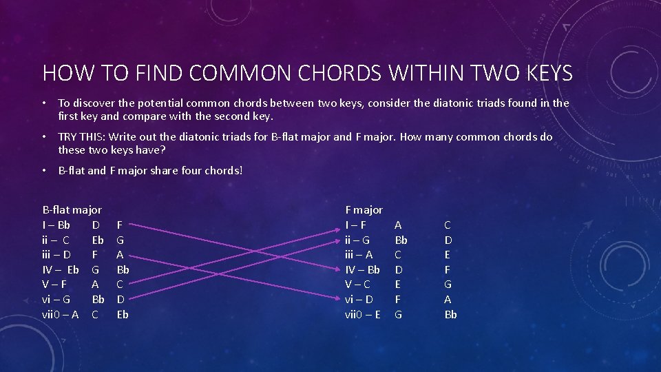 HOW TO FIND COMMON CHORDS WITHIN TWO KEYS • To discover the potential common