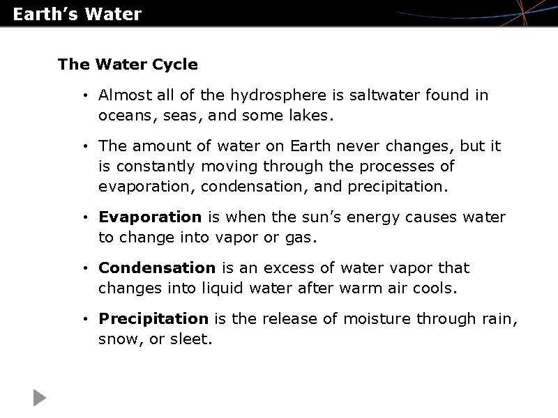 Earth’s Water The Water Cycle • Almost all of the hydrosphere is saltwater found