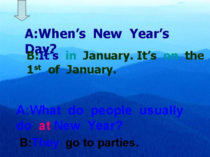 A: When’s New Year’s Day? B: It’s in January. It’s on the 1 st