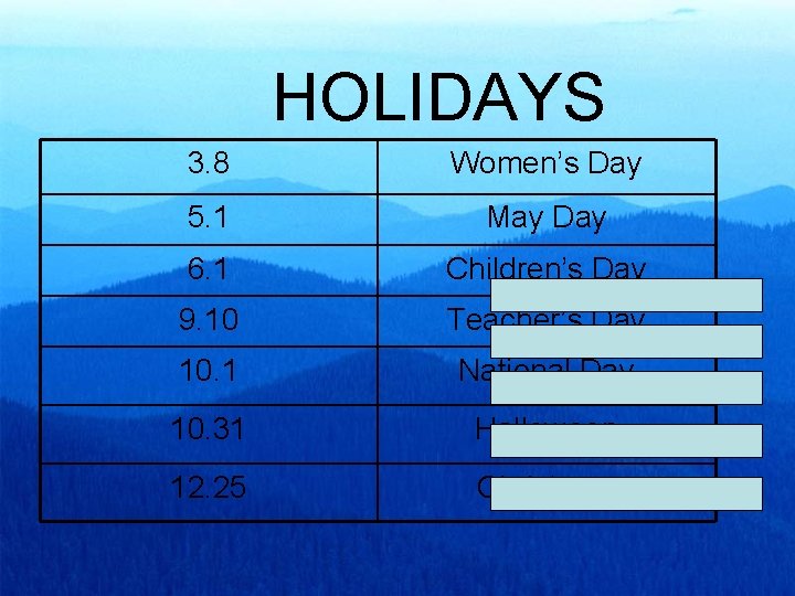 HOLIDAYS 3. 8 Women’s Day 5. 1 May Day 6. 1 Children’s Day 9.