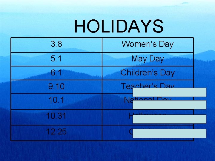 HOLIDAYS 3. 8 Women’s Day 5. 1 May Day 6. 1 Children’s Day 9.