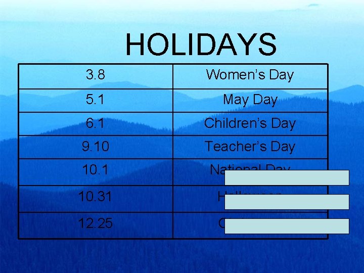 HOLIDAYS 3. 8 Women’s Day 5. 1 May Day 6. 1 Children’s Day 9.