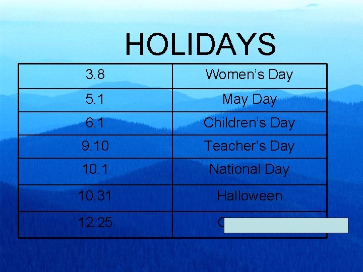 HOLIDAYS 3. 8 Women’s Day 5. 1 May Day 6. 1 Children’s Day 9.