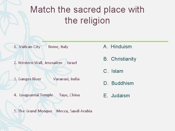 Match the sacred place with the religion 1. Vatican City Rome, Italy 2. Western