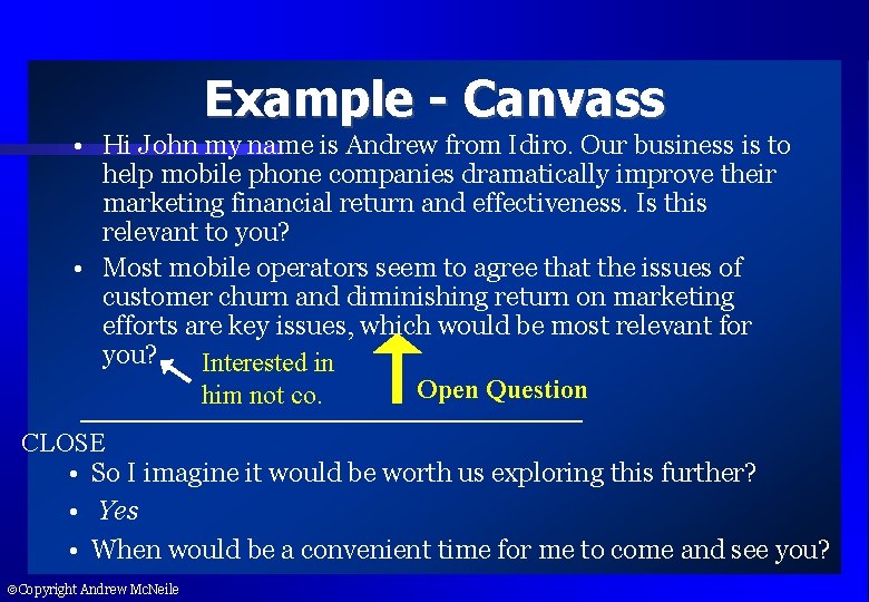 Example - Canvass • Hi John my name is Andrew from Idiro. Our business