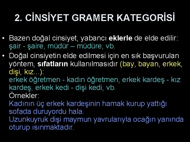 2. CİNSİYET GRAMER KATEGORİSİ • Bazen doğal cinsiyet, yabancı eklerle de elde edilir: şair