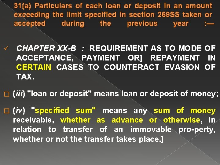 31(a) Particulars of each loan or deposit in an amount exceeding the limit specified